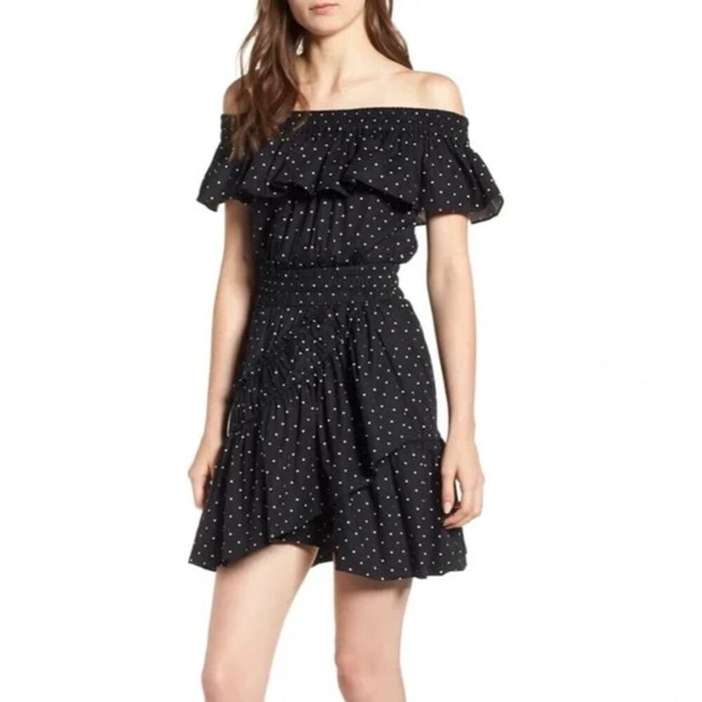 Misa Los Angeles Black Polka Dot Off-Shoulder Mini Dress